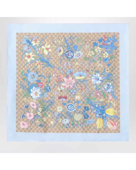 Gucci Blue Silk Twill Carre With Gg Print