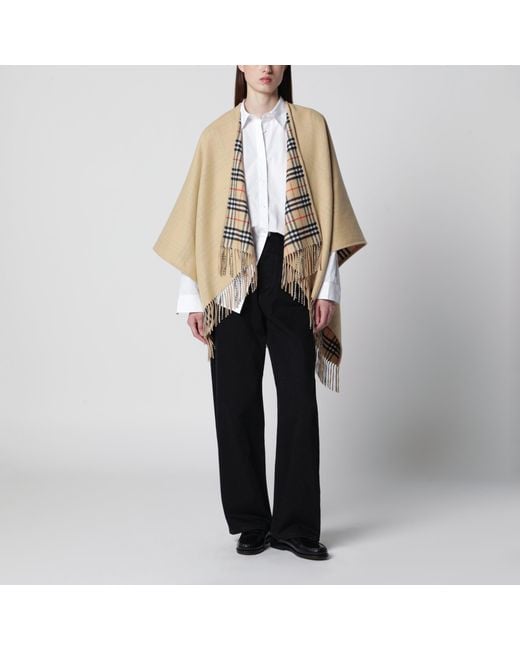 Burberry Natural Reversible Wool Check Cape With Fringes