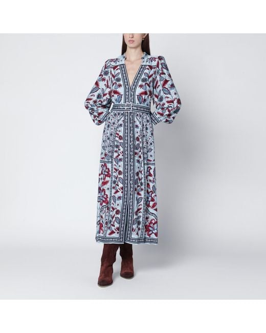 Farm Rio Blue Light Midi Dress With Floral Print