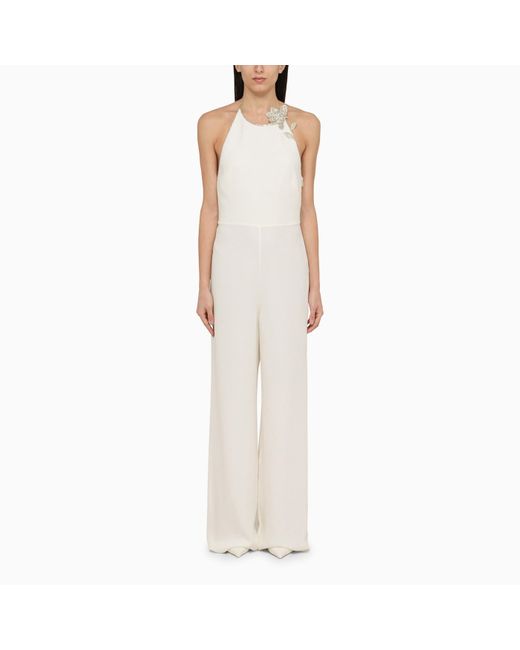 Valentino White Ivory Cady Couture Jumpsuit With Embroidery