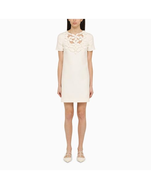 Valentino White Ivory Short Dress In Wool And Silk With Embroidery
