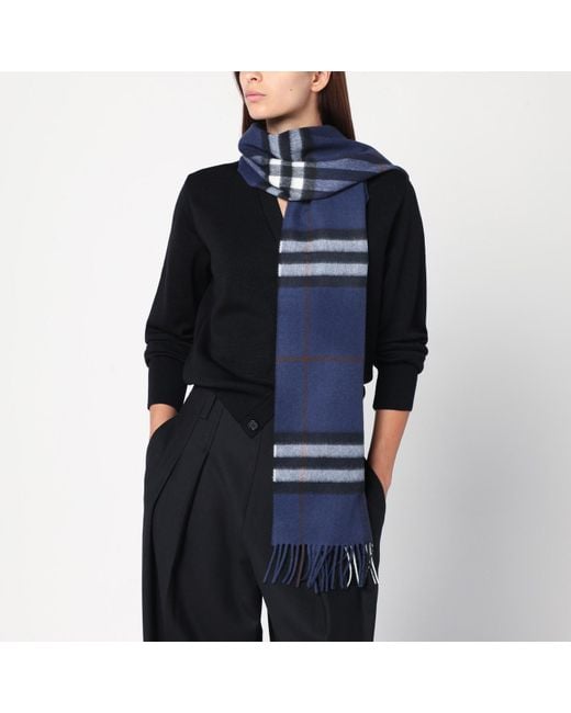 Burberry Blue Cashmere Scarf With Check Pattern
