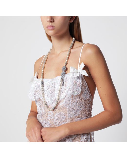 Alessandra Rich White Pearl Necklace With Crystal Flower Clasp