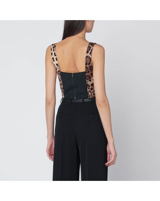 Dolce & Gabbana Black Charmeuse Bustier With Leopard Print
