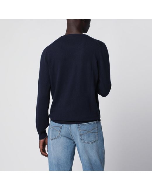 Brunello Cucinelli Blue Cashmere Crewneck Sweater With Contrast Trim for men