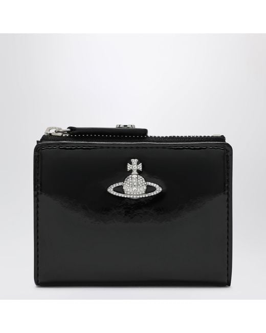 Vivienne Westwood Black Slim Flap Card Holder With Crystal-Embellished Orb Bas Relief