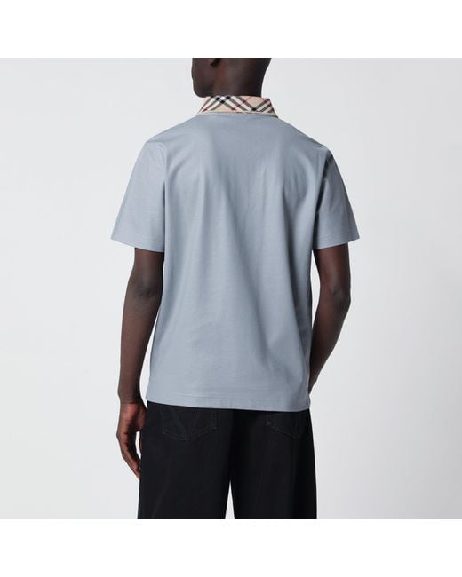 Burberry Blue Cotton Polo With Check Collar for men