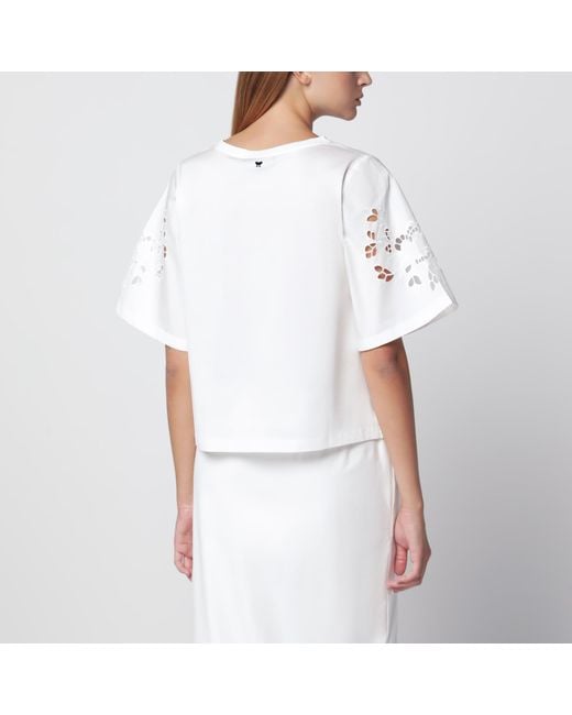 Weekend by Maxmara White Cotton T-Shirt With Openwork Embroidery