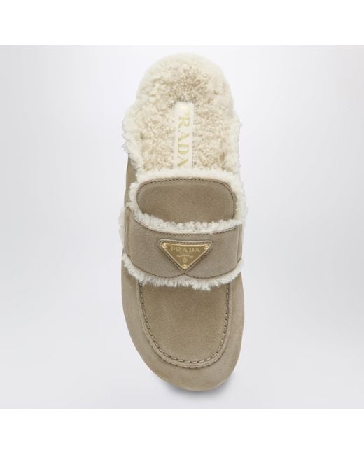 Prada Natural Suede And Shearling Mules