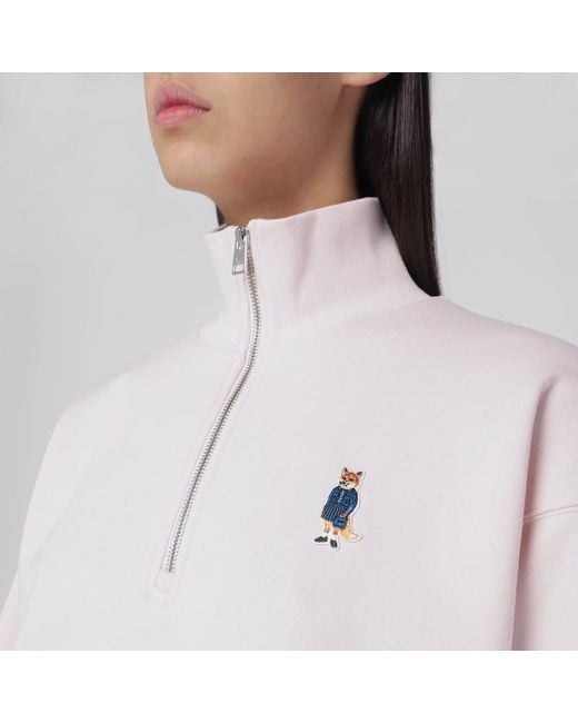 Felpa con mezza zip chiara con patch logo di Maison Kitsuné in White