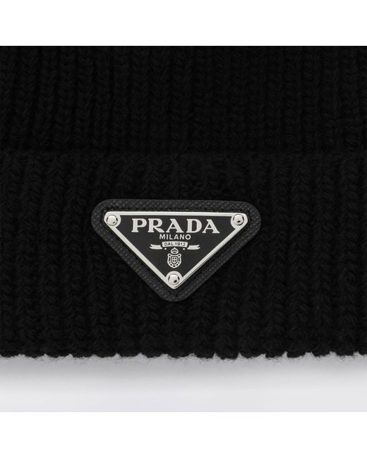 Prada Black Wool Hat With Triangle Logo for men
