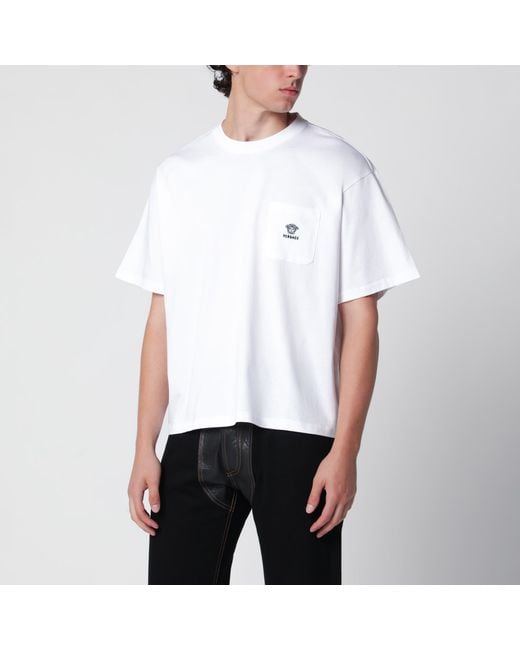 Versace White Cotton Jersey T-Shirt With Medusa Embroidery for men