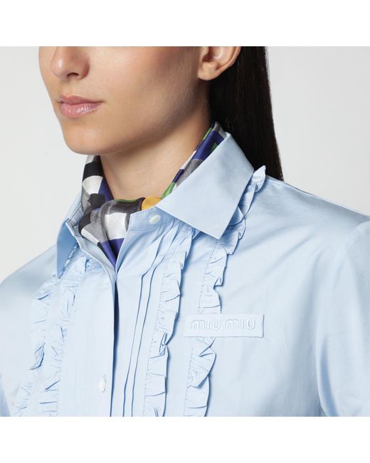 Miu Miu Blue Cropped Poplin Shirt With Ruffles
