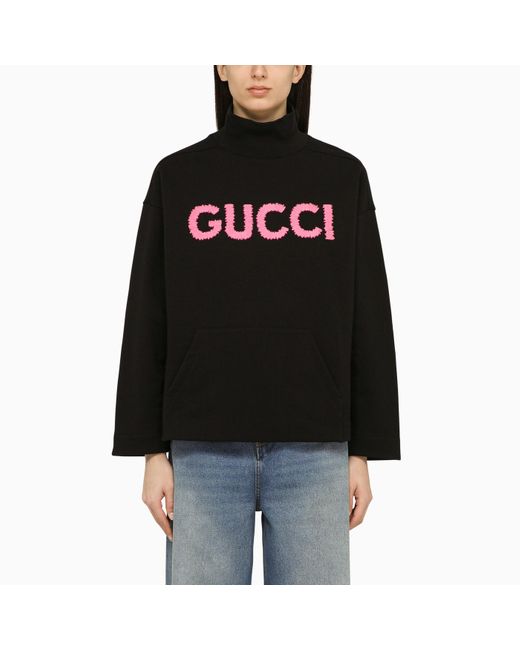 Gucci Black Cotton Logo Turtleneck Sweater