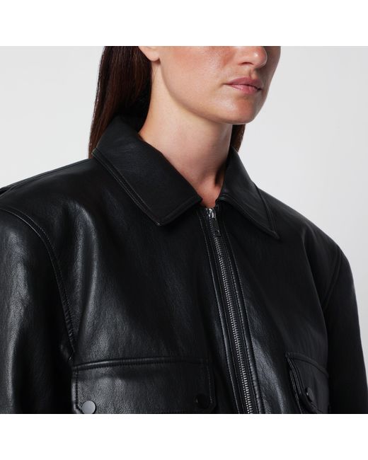 Frankie Shop Black Cropped Faux Leather Bomber Jacket