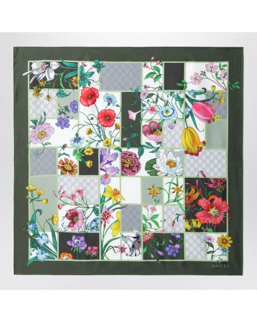 Gucci Green Silk Twill Scarf With Flora Print