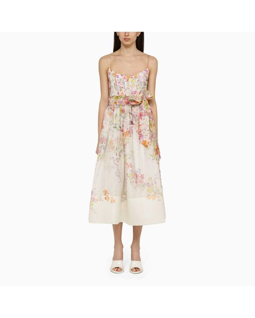 Zimmermann Natural Linen And Silk Floral Print Corset Midi Dress