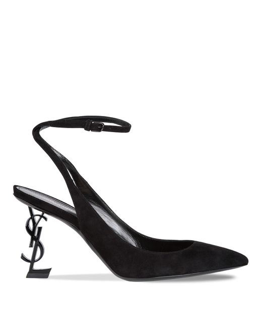 Saint Laurent Black *icon Opyum Décolleté In Suede Leather With Logo Shaped Metallic Heel