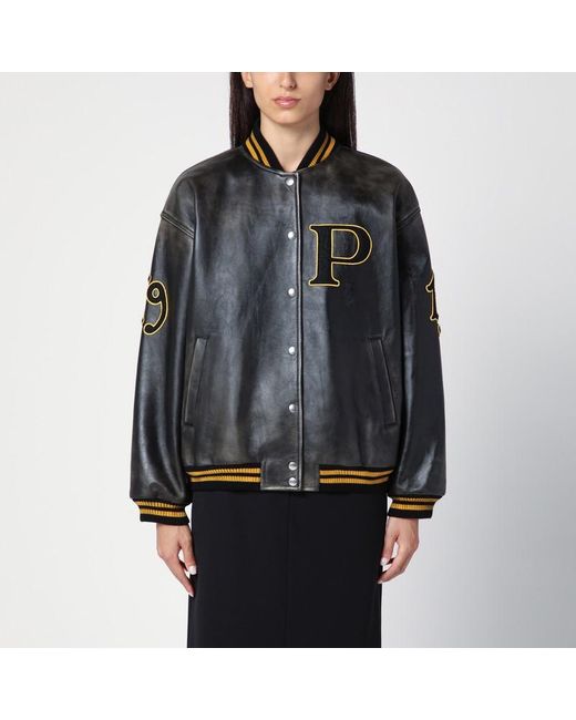 Prada Black Schwarze Bomberjacke Aus Vintage-Leder Mit Aufnäher