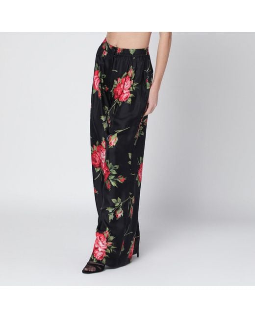 Dolce & Gabbana Red Wide Twill Trousers With Rose Bouquet Print
