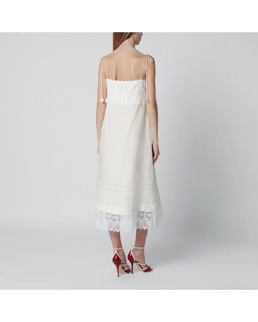 Valentino White Ivory Linen Midi Dress With Sangallo Embroidery