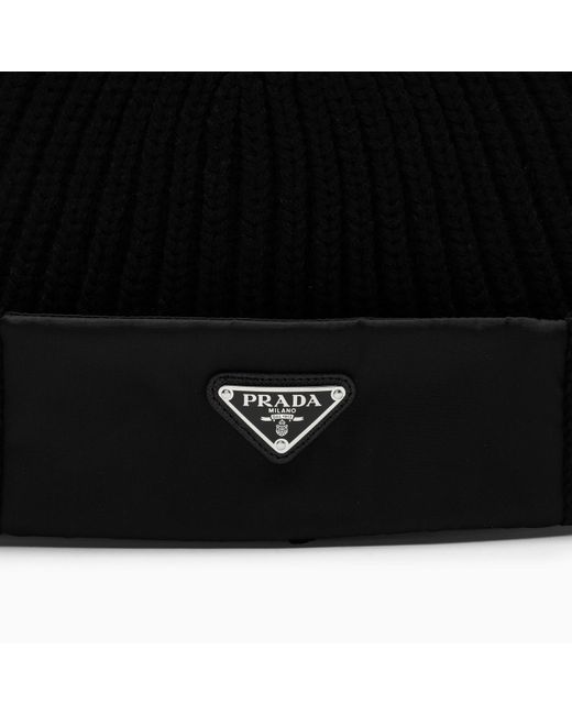 Prada Black Re-nylon Gabardine/ Wool Cap for men