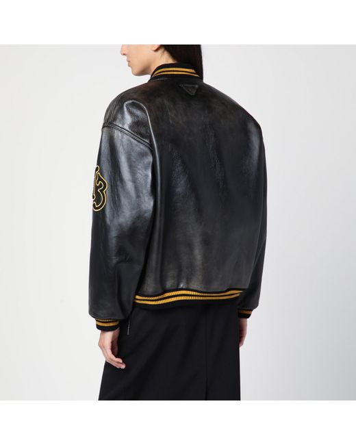 Prada Black Leather Bomber Vintage With Patch