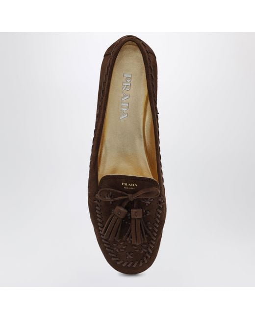 Prada Brown Suede Moccasin Cacao With Embroidery And Tassels