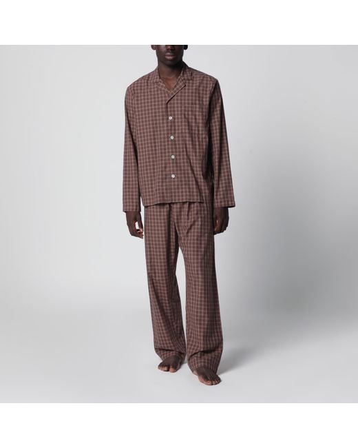 Tekla Brown Serra-Colored Cotton Pajama Shirt With Check Pattern for men