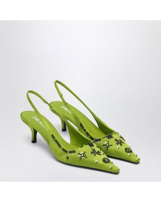 Prada Green Fern Sequin Satin Slingback Pumps