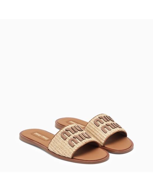Miu Miu Natural Beige And Brown Leather Slide Sandal With Logo
