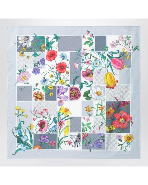 Gucci Blue Silk Twill Scarf With Flora Print