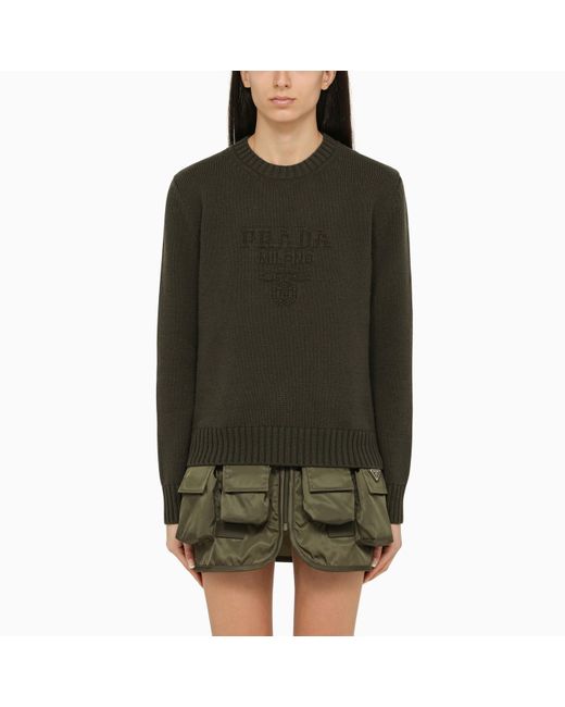 Prada Green Military Cashmere And Wool Crew-neck Sweater With Logo