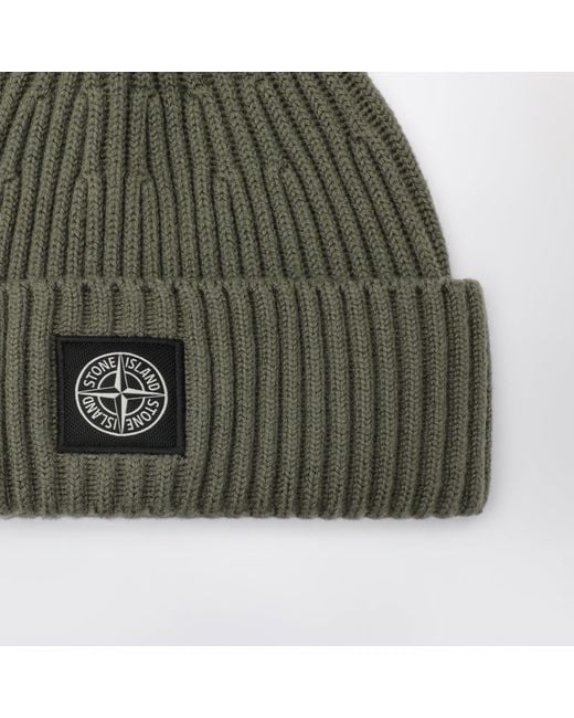 Stone Island Green Ribbed Wool Beanie With Compass Patch for men