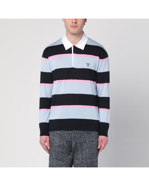 Prada Blue Striped Polo In Silk And Cotton for men
