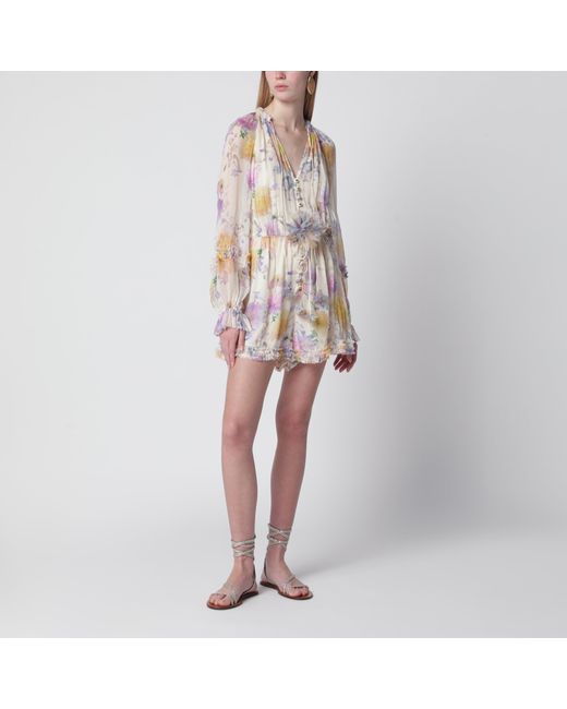 Zimmermann White Cream Short Jumpsuit With Floral Pattern