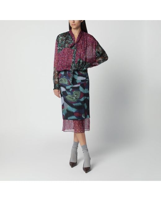 Dries Van Noten Blue Multicolored Silk-Blend Print Skirt