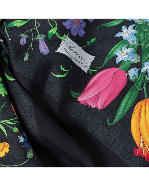 Gucci Black Silk Twill Carre With Gg Flora Print