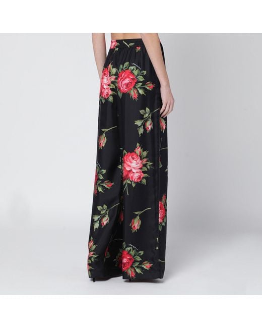 Dolce & Gabbana Red Wide Twill Trousers With Rose Bouquet Print