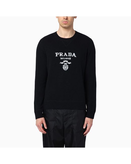 Prada Black Wool And Cashmere Sweater With Logo Inlay for men