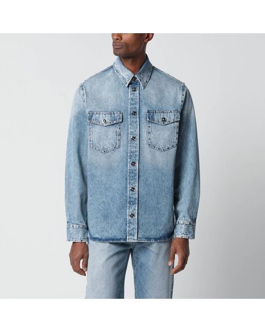 Versace Blue Stone-washed Denim Shirt With Studs for men