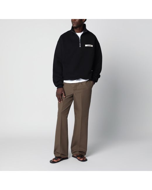 Jacquemus Black Zip-Neck Sweatshirt With Gros Grain Logo for men