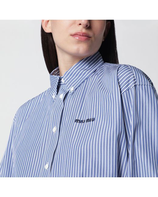 Miu Miu Blue Cobalt Striped Cropped Shirt With Logo Embroidery