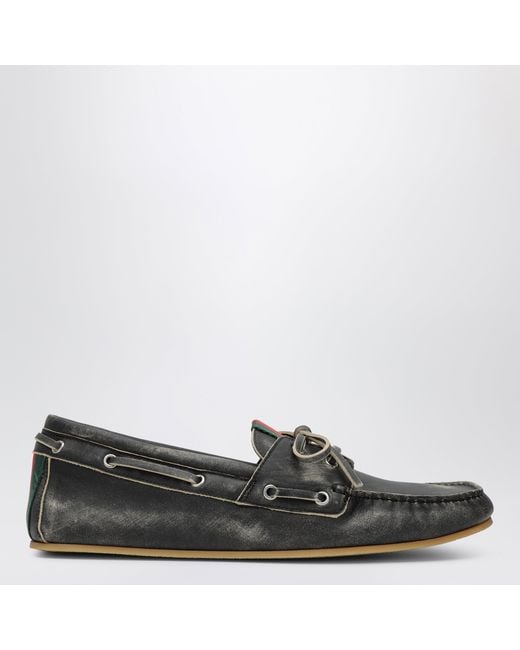 Gucci Black Boat Shoes With Washed Effect for men