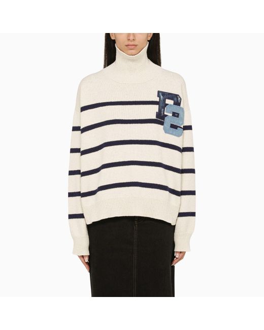DSquared² Blue/white Striped Turtleneck Sweater With Logo