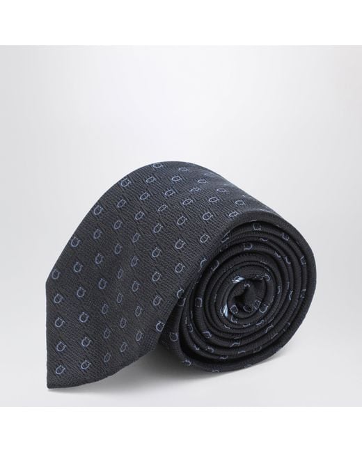 Ferragamo Blue Dark Gancini Silk Jacquard Tie for men