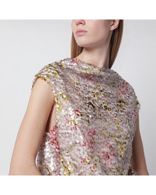 Alberta Ferretti Brown Sleeveless High-Neck Top With A Floral Sequin Pattern