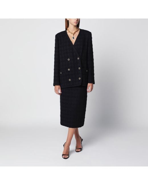 Alessandra Rich Black Bouclé Tweed Midi Skirt