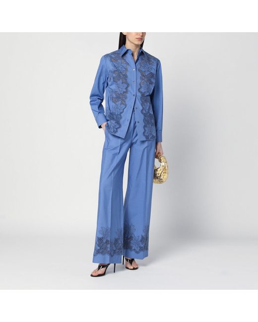 P.A.R.O.S.H. Blue Embroidered Cotton Pants