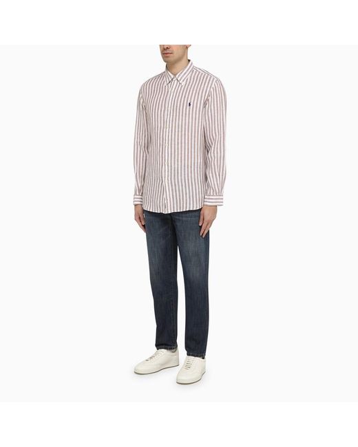 Camicia kaki/bianca in lino custom-fit di Polo Ralph Lauren in Gray da Uomo